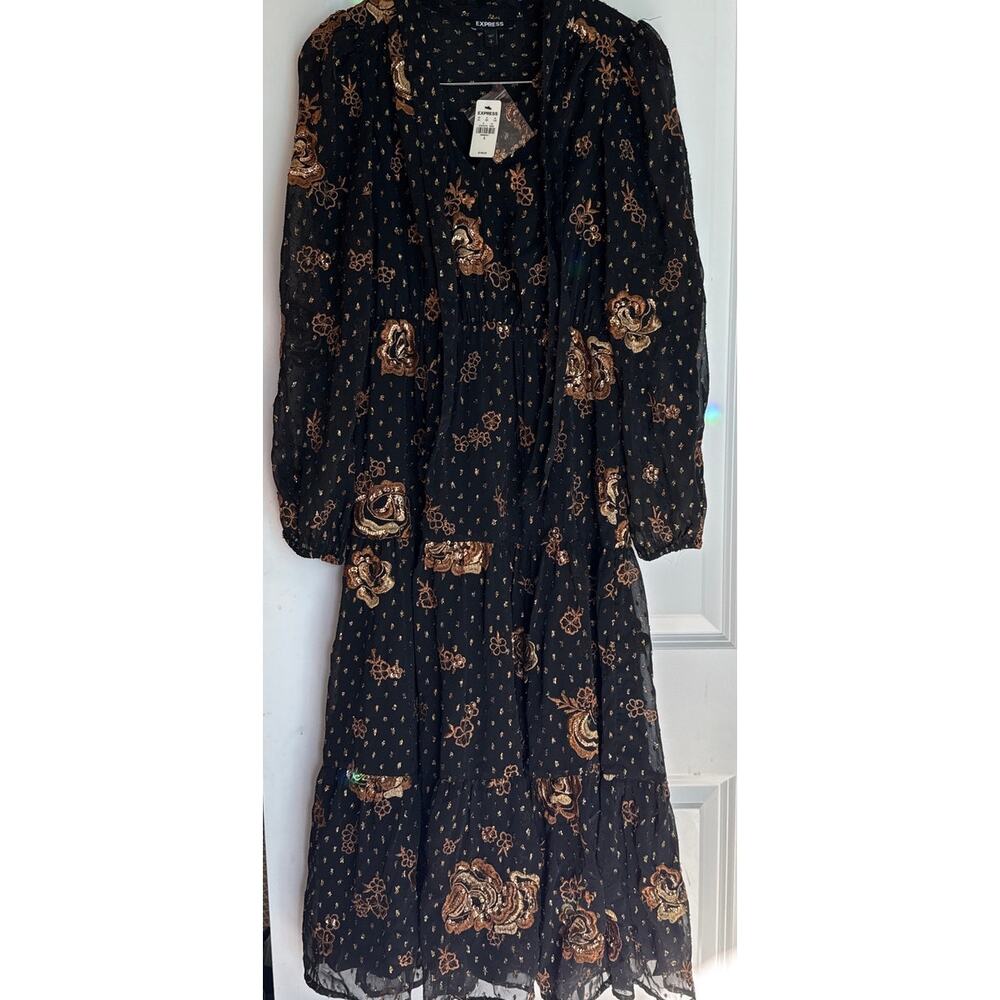 Express Black & Gold Embroidered Midi Dress NWT | Holiday & NYE - Picture 10 of 16